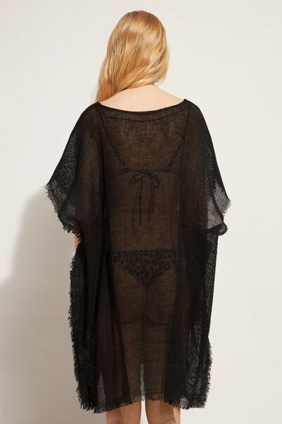 Black Fringed Linen Mesh Kaftan, , large image number 2