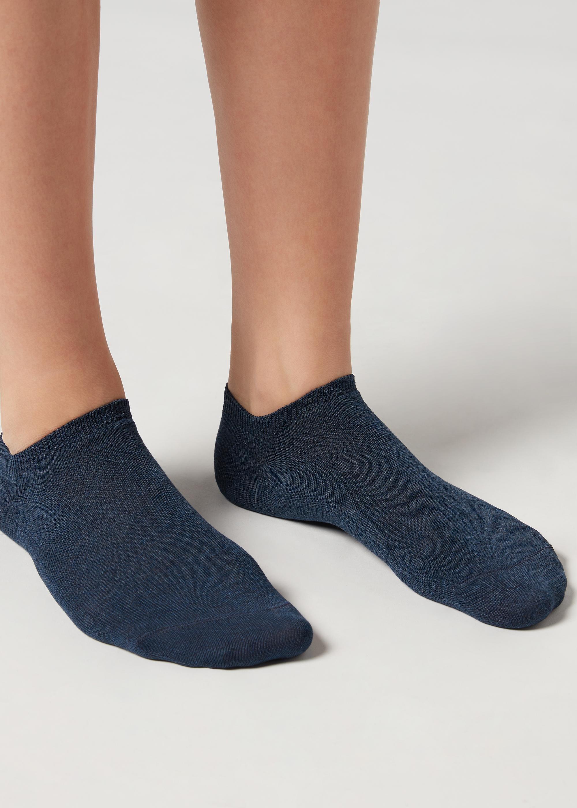Blue Cotton No-Show Socks, Unisex, , large image number 0