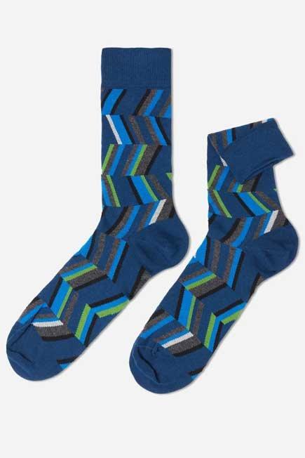 Geometric Blue Short Patterned Cotton Socks, Men - One-Size, , large image number 0