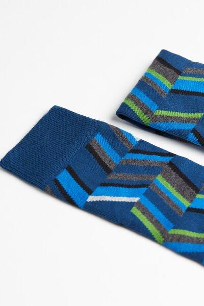 Geometric Blue Short Patterned Cotton Socks, Men - One-Size, , large image number 1