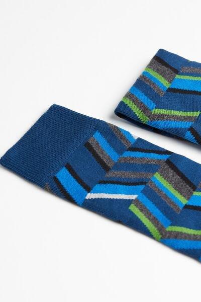 Geometric Blue Short Patterned Cotton Socks, Men - One-Size, , large image number 2