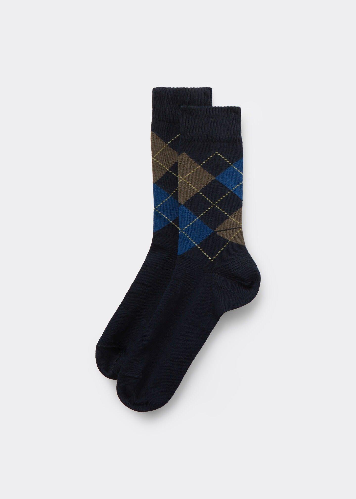 Navy Argyle Patterned Cotton Socks, 5501_555D, medium