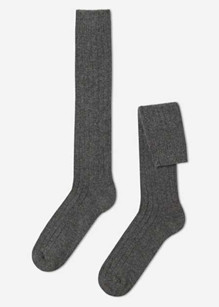 Grey Long Ribbed Socks With Wool And Cashmere, Men, Mid Grey Blend, large image number 0