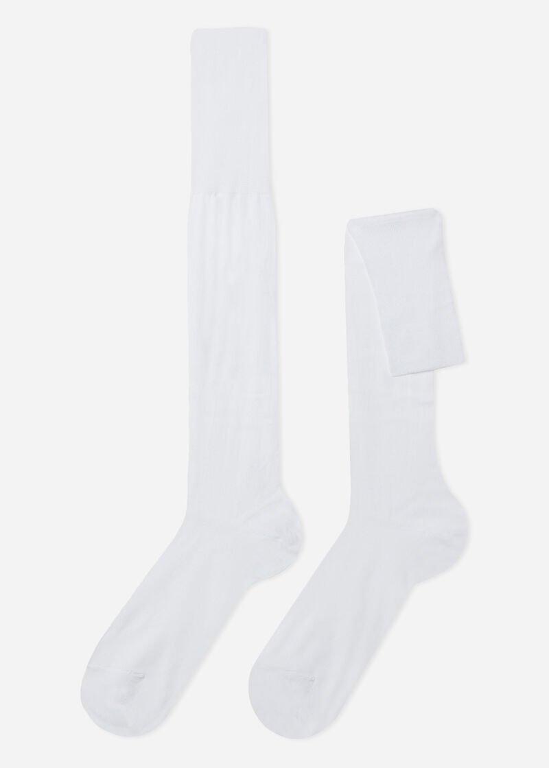 White Long Lisle Cotton Socks, White, medium