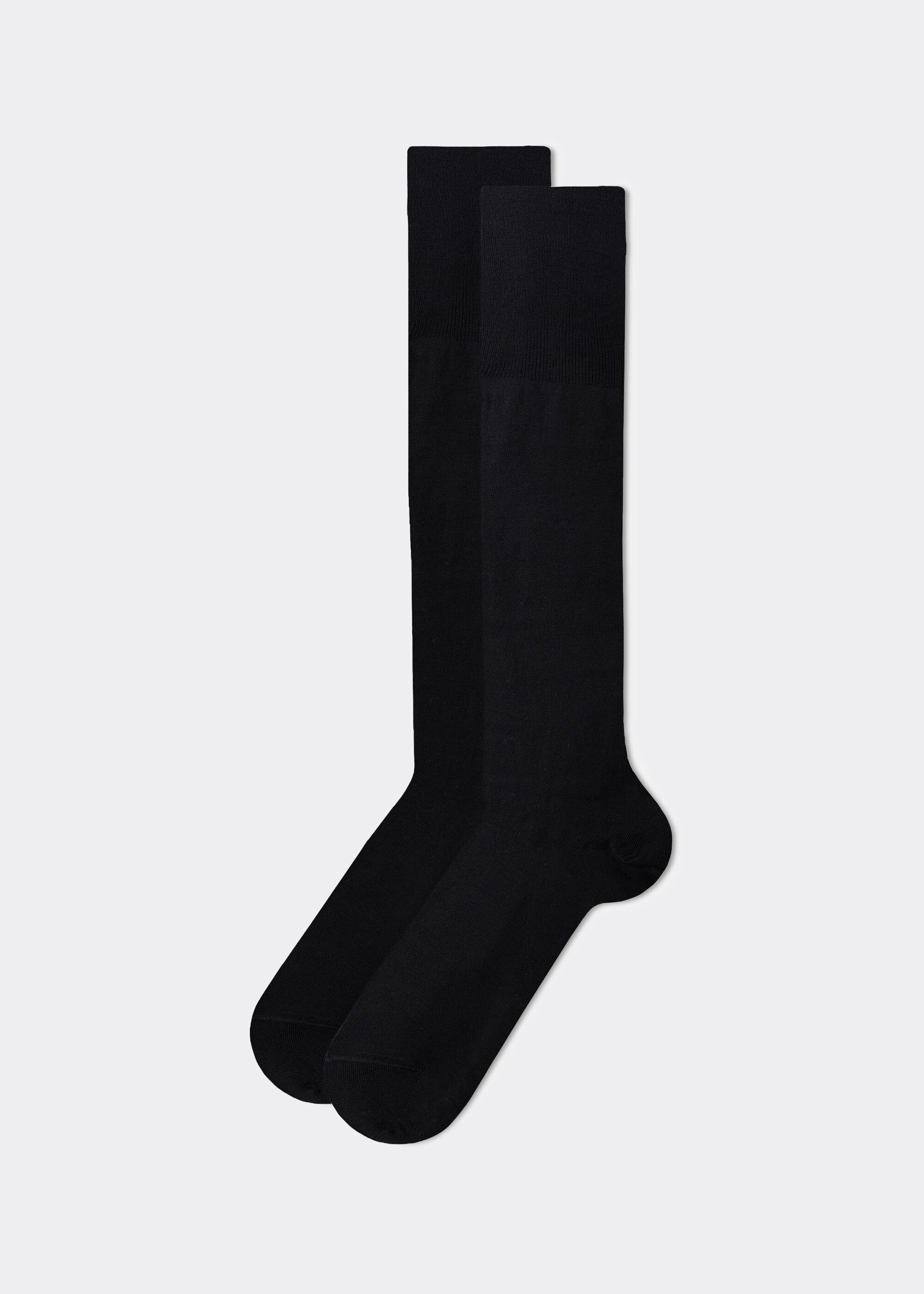 Black Long Lisle Cotton Socks, Black, medium