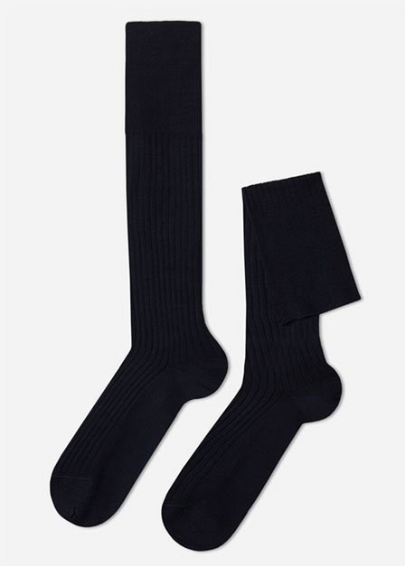 Calzedonia - Blue Long Ribbed Lisle Socks, Men