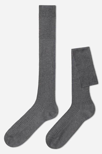 Grey Long Ribbed Lisle Socks, , large image number 0