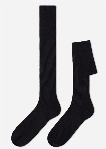 Grey Long Ribbed Lisle Socks, , large image number 0