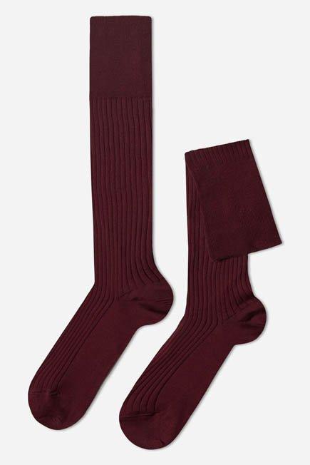 Burgundy Long Ribbed Lisle Socks, Men, , large image number 0