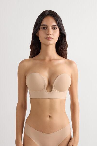 Beige Strapless Bra With Graduated Padding And Plunge Front, , large image number 0