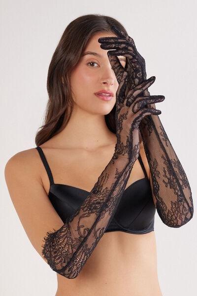 Black Long Floral Lace Gloves, Black, large image number 0