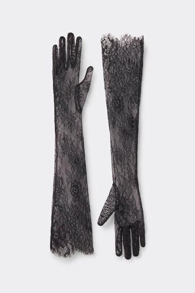 Black Long Floral Lace Gloves, Black, large image number 1