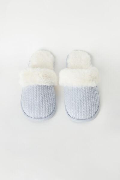Blue Corduroy And Faux Fur Slippers, , large image number 1