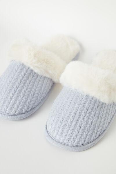 Blue Corduroy And Faux Fur Slippers, , large image number 2