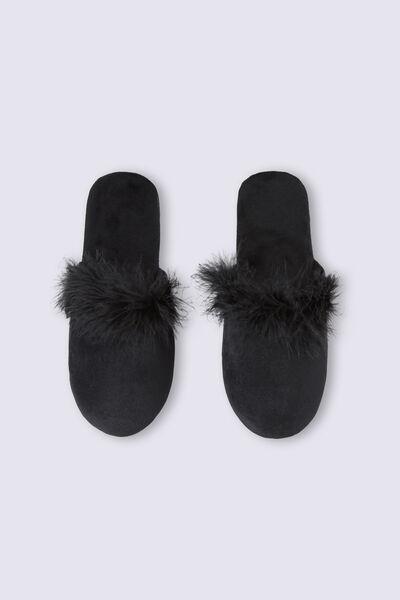 Black Feather-Trim Slippers, , large image number 0