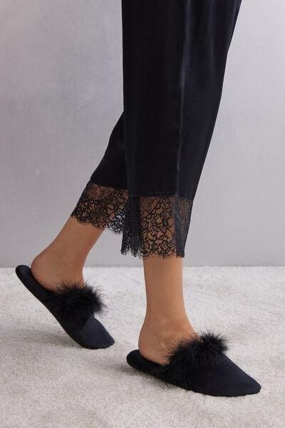 Black Feather-Trim Slippers, , large image number 1