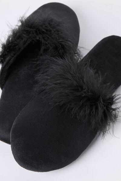 Black Feather-Trim Slippers, , large image number 2
