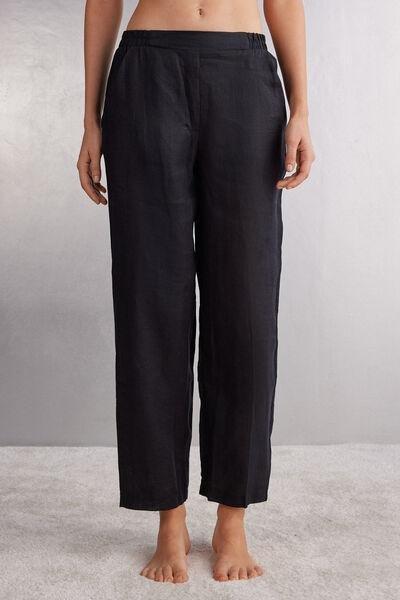 Black Plain Weave Linen Trousers, , medium