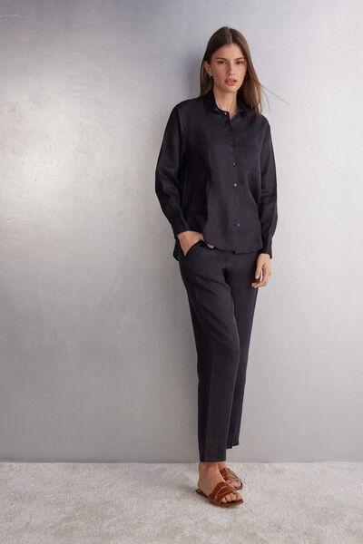 Black Plain Weave Linen Trousers, , large image number 1
