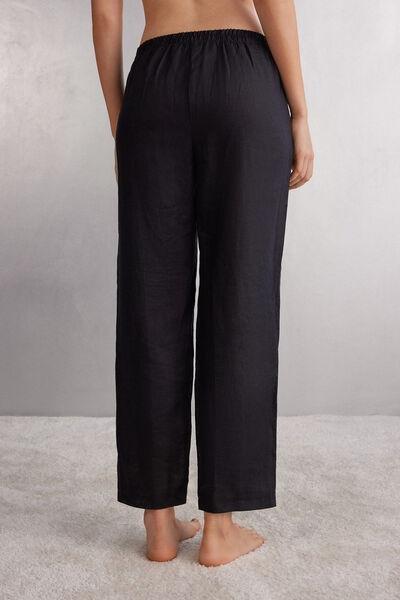 Black Plain Weave Linen Trousers, , large image number 3