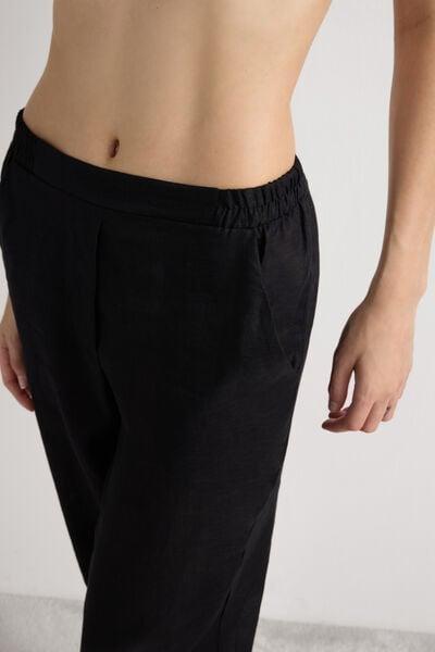 Black Plain Weave Linen Trousers, Black, large image number 5