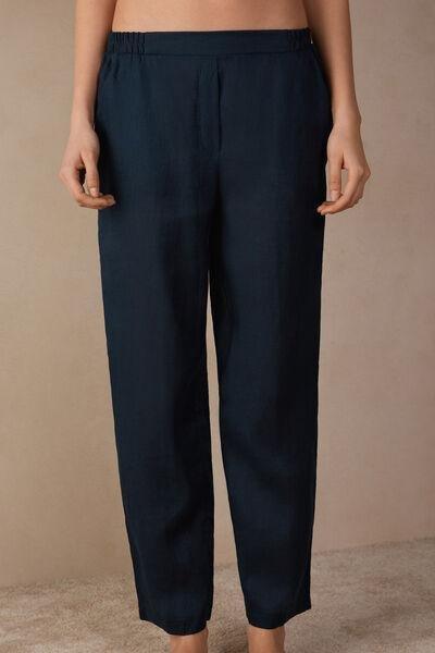 Blue Plain-Weave Linen Trousers, , medium