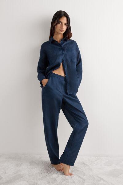 Navy Plain-Weave Linen Trousers, 5601_243J, large image number 0