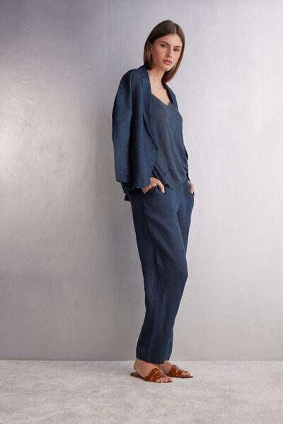Navy Plain-Weave Linen Trousers, , large image number 1