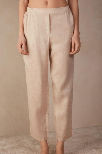 Beige Plain-Weave Linen Trousers, , large image number 0