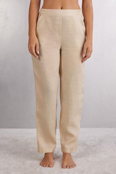 Beige Plain-Weave Linen Trousers, , large image number 0