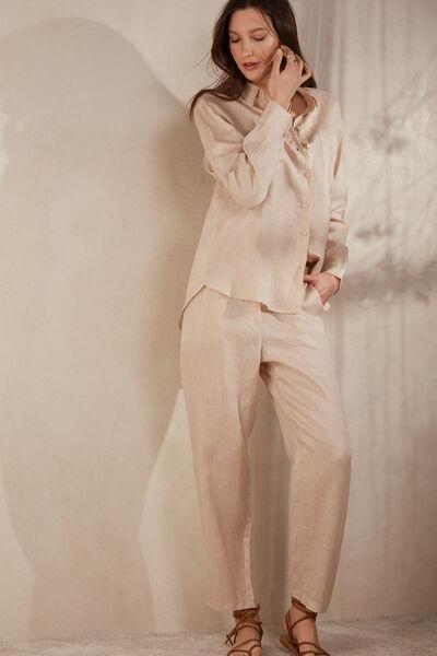 Beige Plain-Weave Linen Trousers, , large image number 1
