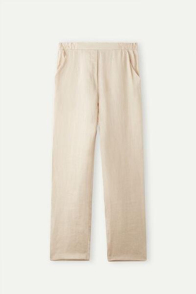 Beige Plain-Weave Linen Trousers, , large image number 2
