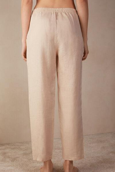 Beige Plain-Weave Linen Trousers, , large image number 3