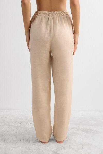 Beige Plain-Weave Linen Trousers, , large image number 3