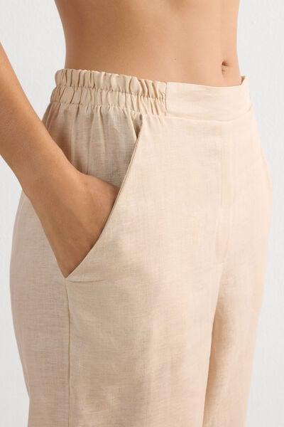 Beige Plain-Weave Linen Trousers, 5601_913I, large image number 5