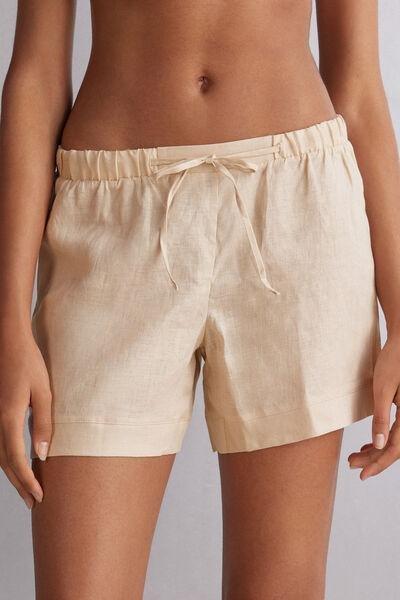Beige Linen Canvas Shorts, , medium