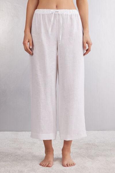 White Drawstring Linen Canvas Trousers, , large image number 0