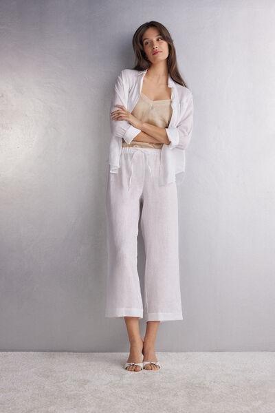 White Drawstring Linen Canvas Trousers, , large image number 1