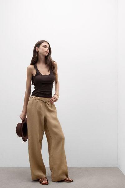 Beige The Pure Linen Drawstring Plain-Weave Linen Pants, 5601_166K, large image number 0