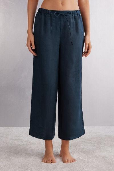 Blue Drawstring Linen Canvas Trousers, , medium