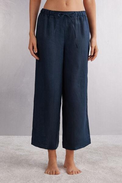 Blue Drawstring Linen Canvas Trousers, , large image number 0