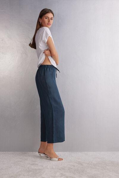 Blue Drawstring Linen Canvas Trousers, , large image number 1
