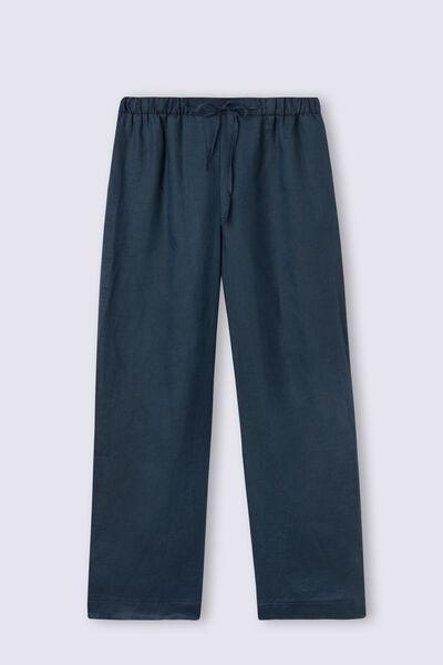 Blue Drawstring Linen Canvas Trousers, , large image number 2