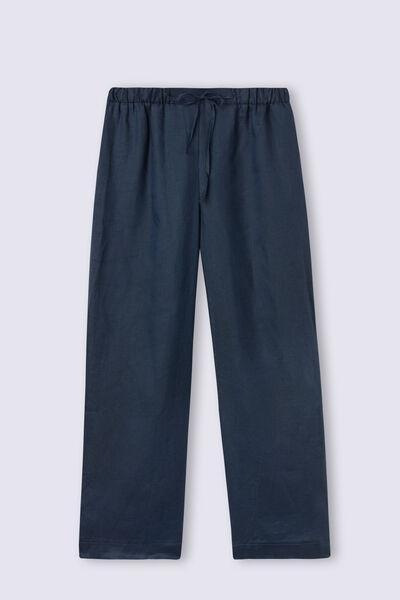 Blue Drawstring Linen Canvas Trousers, , large image number 2