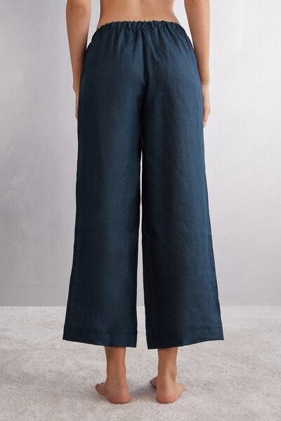 Blue Drawstring Linen Canvas Trousers, , large image number 3