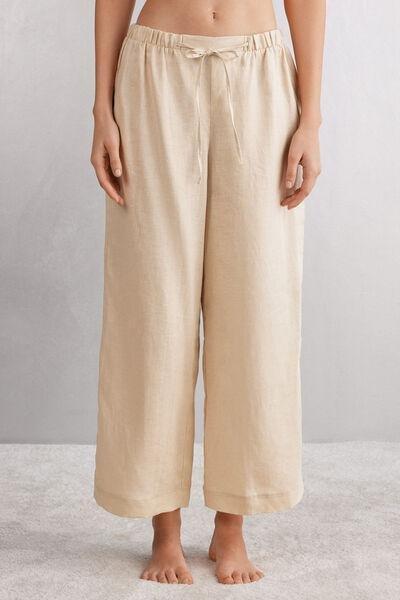 Beige Drawstring Linen Canvas Trousers, , medium