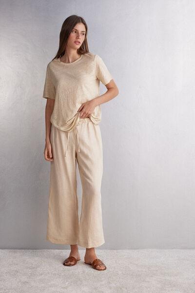 Beige Drawstring Linen Canvas Trousers, , large image number 1