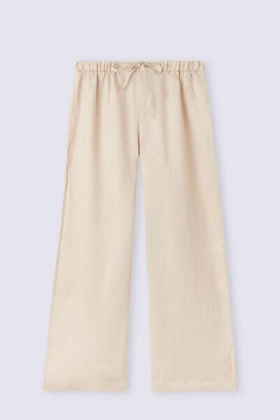 Beige Drawstring Linen Canvas Trousers, , large image number 2