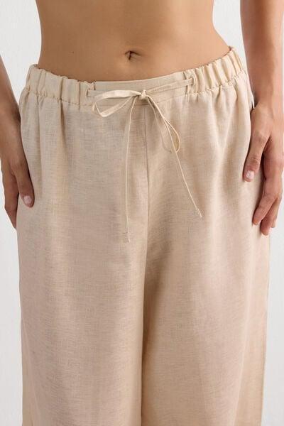 Beige Drawstring Linen Canvas Trousers, 5601_913I, large image number 5