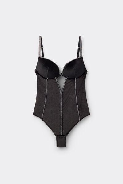 Black Girls Wanna Glisten Rhinestones Detail Lace Bodysuit, Black, large image number 5